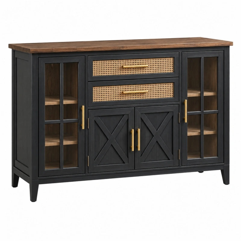 Sideboard 140 x 40 x 90 cm aus Holzwerkstoff in Schwarz/Braun mit Rattangeflecht im Landhausstil - Lorventario
