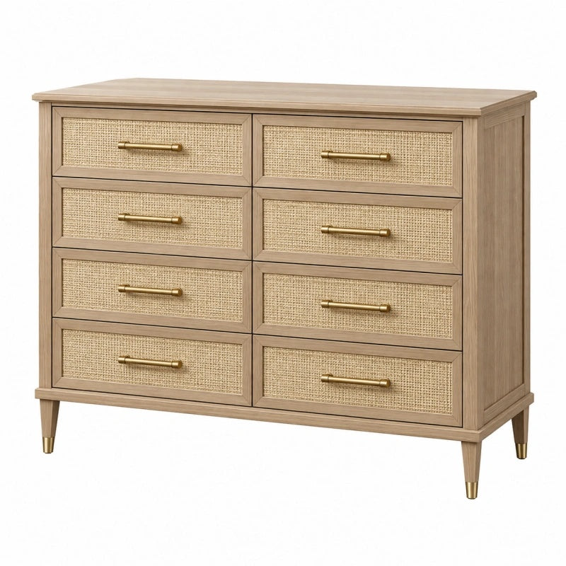 Kommode 140 x 45 x 90 cm Holzwerkstoff Naturholz mit Geflecht und 8 Schubladen - Lorventario