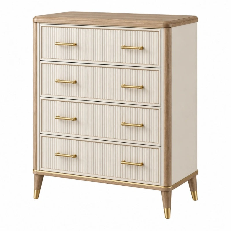 Kommode 80 x 40 x 100 cm in Weiß/Naturholz mit 4 Schubladen und geriffelter Front - Lorventario