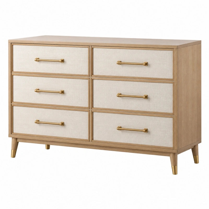 Kommode 150 x 45 x 85 cm Holzwerkstoff Beige Eiche mit 6 Schubladen im Mid-Century-Stil - Lorventario