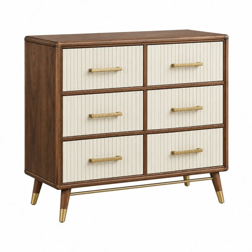Kommode 100 x 45 x 110 cm aus Holz Braun Creme mit 6 Schubladen im Retro-Stil - Lorventario