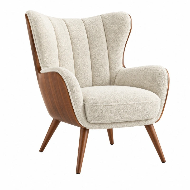 Ohrensessel 78 x 85 x 105 cm in Creme und Braun mit Bouclébezug und Holzgestell im Mid-Century-Stil - Lorventario