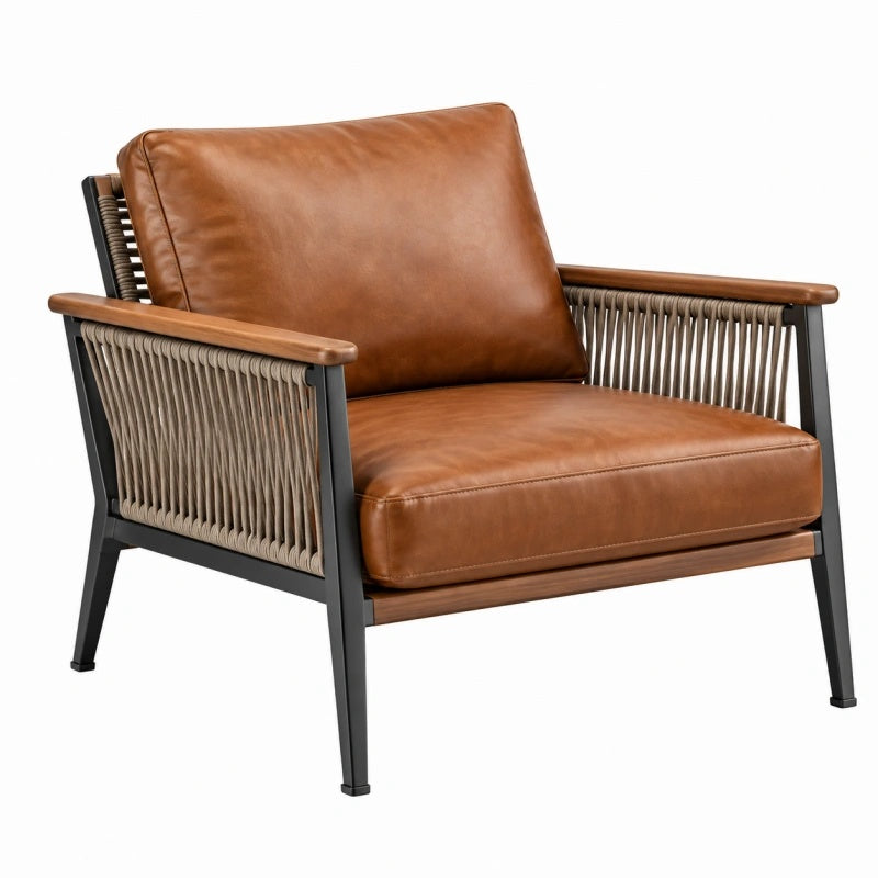 Sessel 76 x 80 x 78 cm Kunstleder Cognac mit Kordelgeflecht - Lorventario