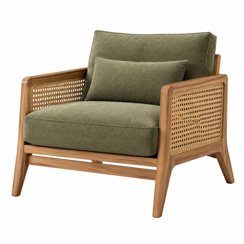 Sessel 82 x 78 x 82 cm Holz Rattan Grün gepolstert im Mid Century Stil - Lorventario
