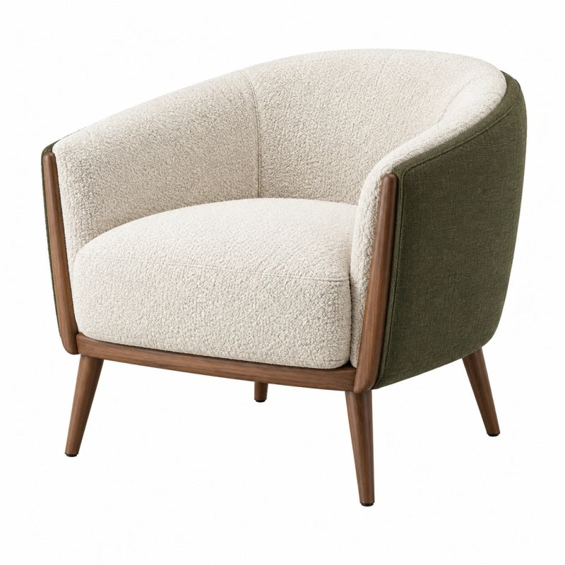 Sessel 80 x 75 x 75 cm mit Bouclébezug in Creme Olivgrün und Holzgestell - gepolsterter Lounge Sessel - Lorventario