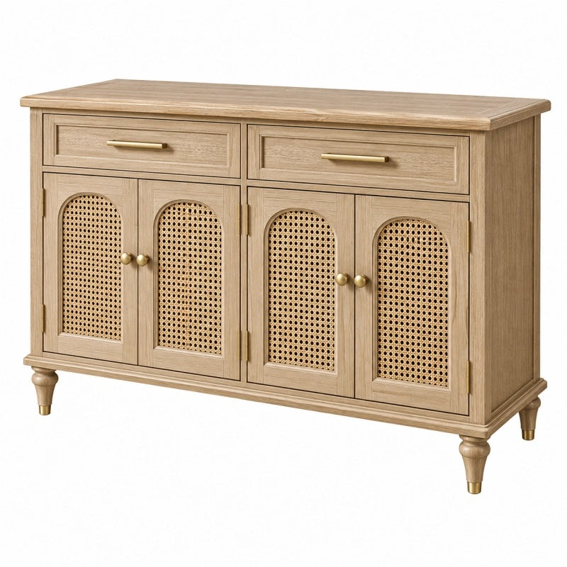 Sideboard 140 x 40 x 90 cm Holzwerkstoff Naturholz mit Rattangeflecht im Landhausstil - Lorventario