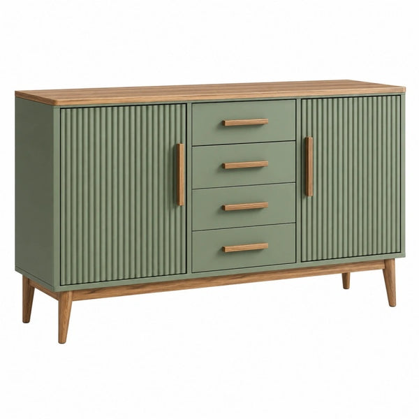Sideboard 160 x 40 x 85 cm olivgrün Holzwerkstoff mit geriffelten Türen und Schubladen - Lorventario