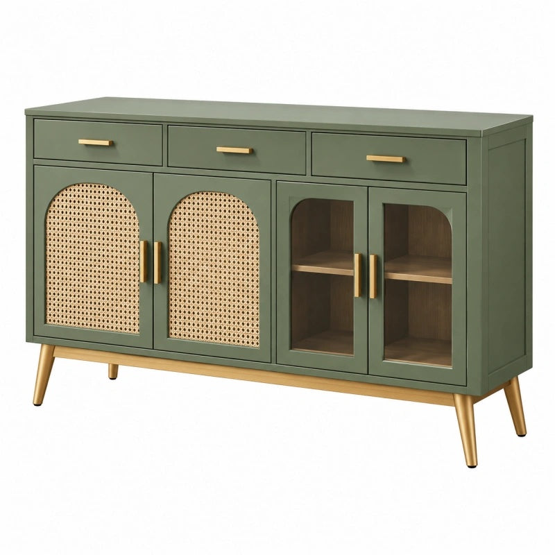 Sideboard 120 x 40 x 80 cm Holz Grün mit Rattan und Glastüren Mid Century Stauraum - Lorventario
