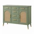 Sideboard 120 x 40 x 90 cm aus Holzwerkstoff Grün mit Rattangeflecht und Schubladen im Retro Stil - Lorventario