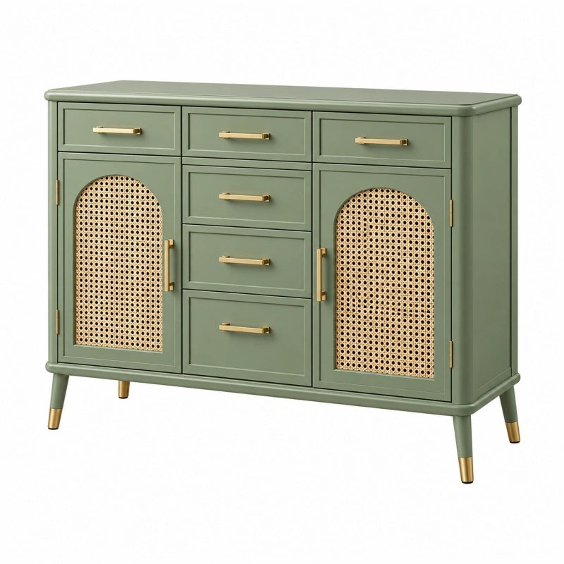 Sideboard 120 x 40 x 90 cm aus Holzwerkstoff Grün mit Rattangeflecht und Schubladen im Retro Stil - Lorventario