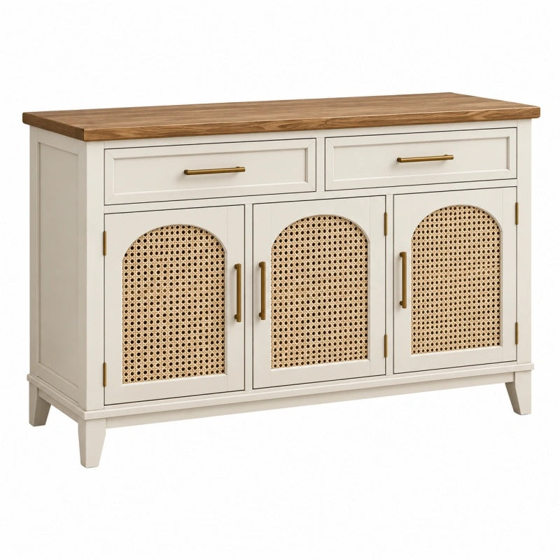 Sideboard 120 x 40 x 85 cm aus Holzwerkstoff Weiß Natur mit Rattanfronten im Landhausstil - Lorventario