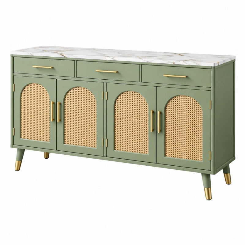 Sideboard 150 x 40 x 85 cm Grün mit Rattangeflecht Marmoroptik Stauraummöbel im Retro-Stil - Lorventario