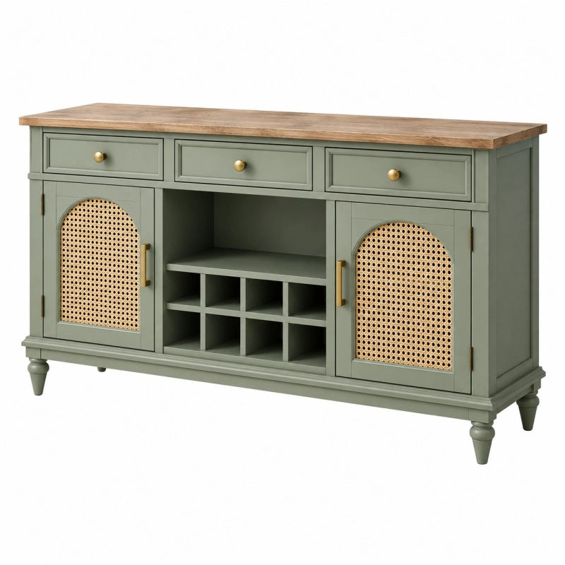 Sideboard 150 cm Holzwerkstoff Salbeigrün mit Rattangeflecht Landhausstil - Lorventario