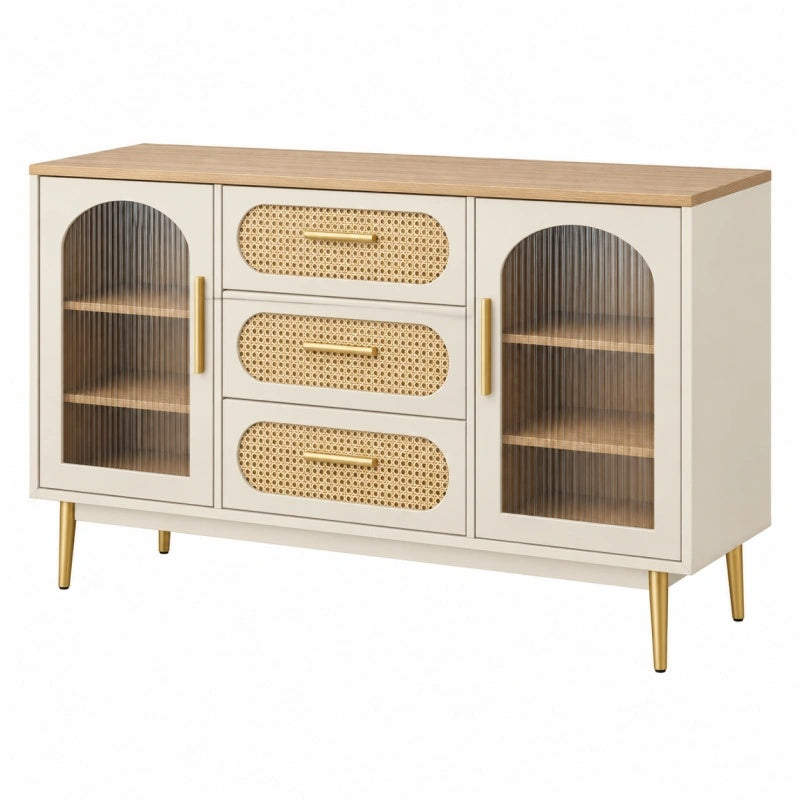 Sideboard 120 x 40 x 80 cm Holzwerkstoff Creme mit Rattangeflecht und Glastüren - Lorventario