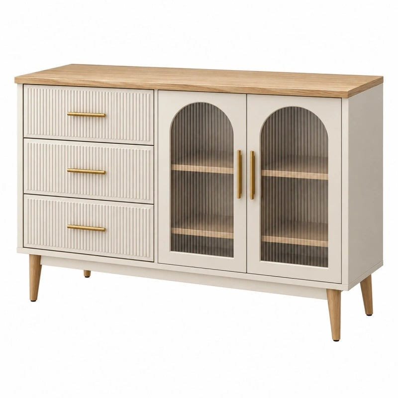 Sideboard 120 x 40 x 80 cm Holzwerkstoff Glas Cremefarben mit Schubladen und Türen - Lorventario