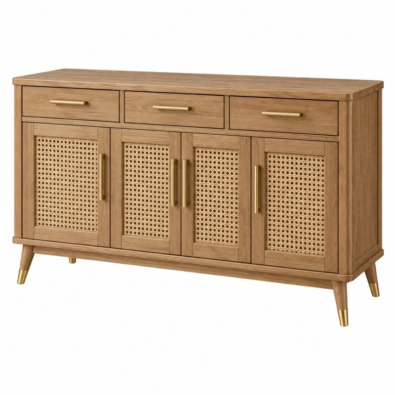 Sideboard 160 x 40 x 85 cm aus Holz in Natur mit Rattan Türen für Wohnzimmer im Retro Stil - Lorventario