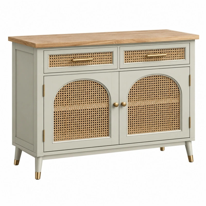 Sideboard 100 x 40 x 80 cm aus Holz und Rattan Salbeigrün Natur mit 2 Türen und 2 Schubladen im Boho Stil - Lorventario