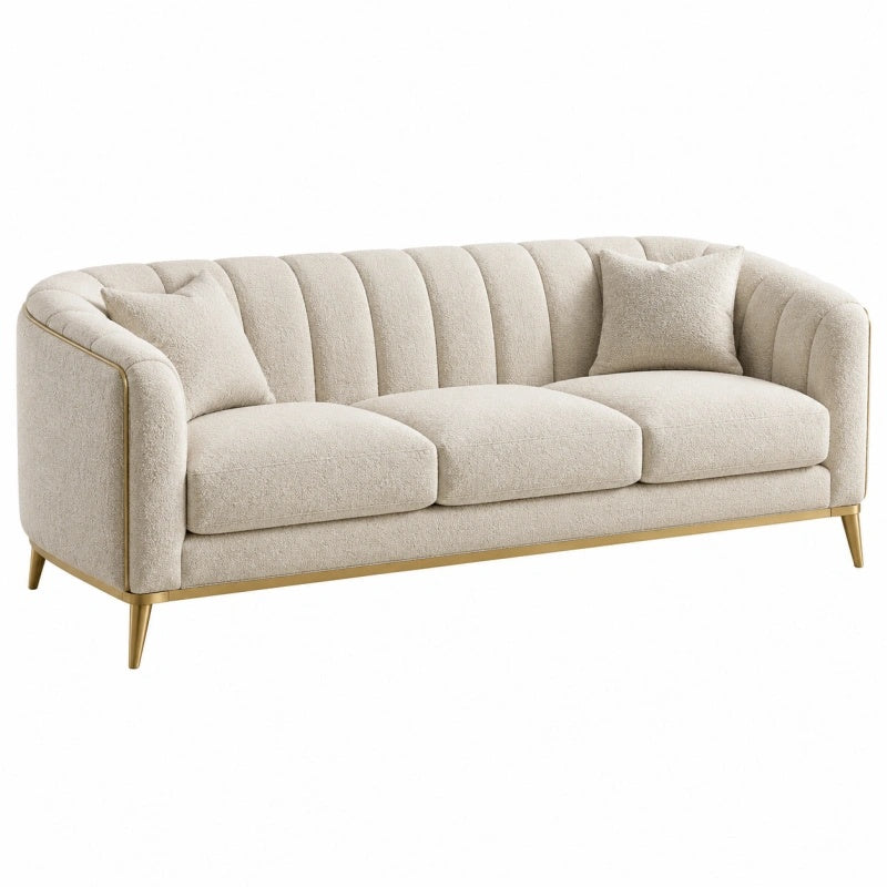 3-Sitzer Sofa 220 cm Textil Creme Goldfarben Gepolstert Modern - Lorventario